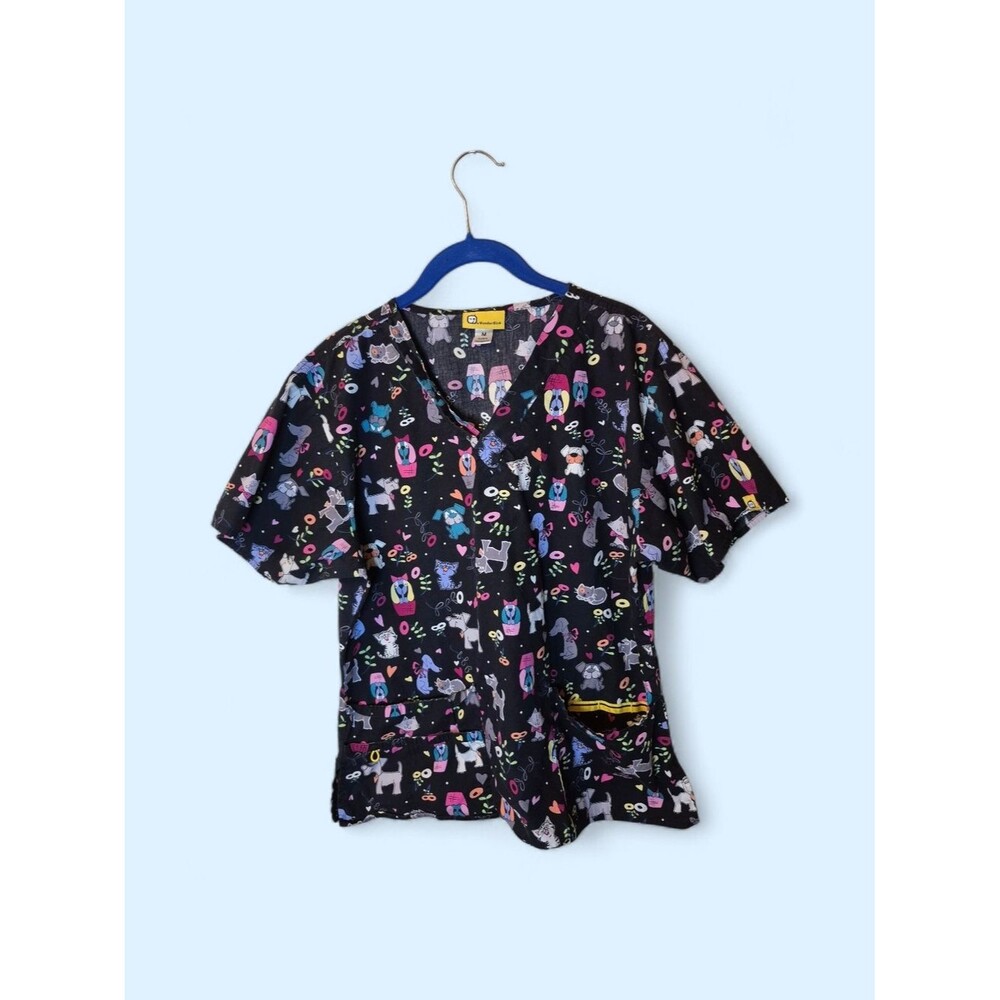 WonderWink Black Scrub Top with Colorful Pet Print